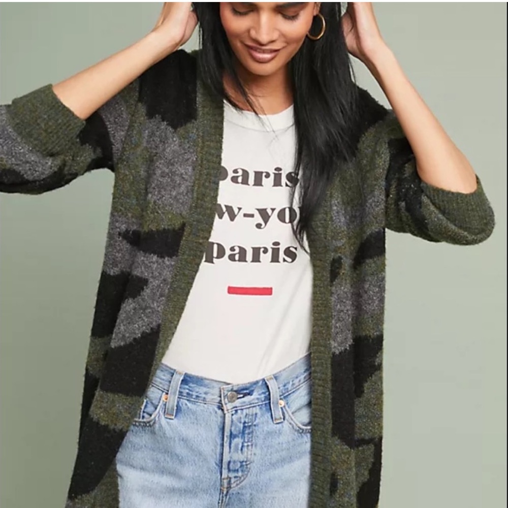 Anthropologie Olive Green and Black Patterned Open Cardigan